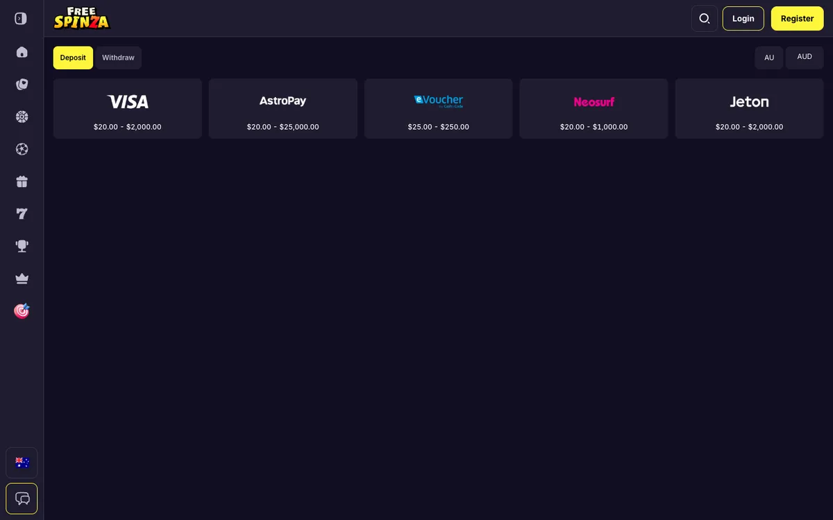 Free Spinza Casino — Payments, captured from Australia