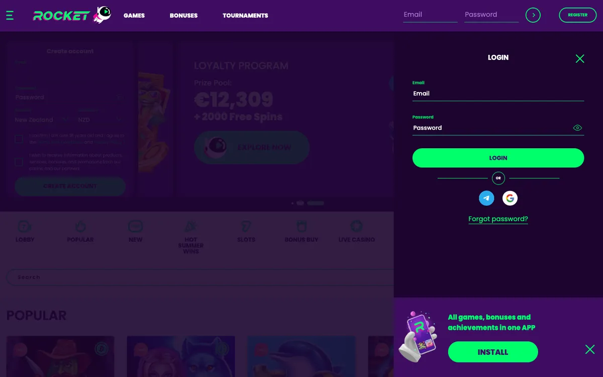 Casino Rocket — «Регистрация», снято из страны Новая Зеландия