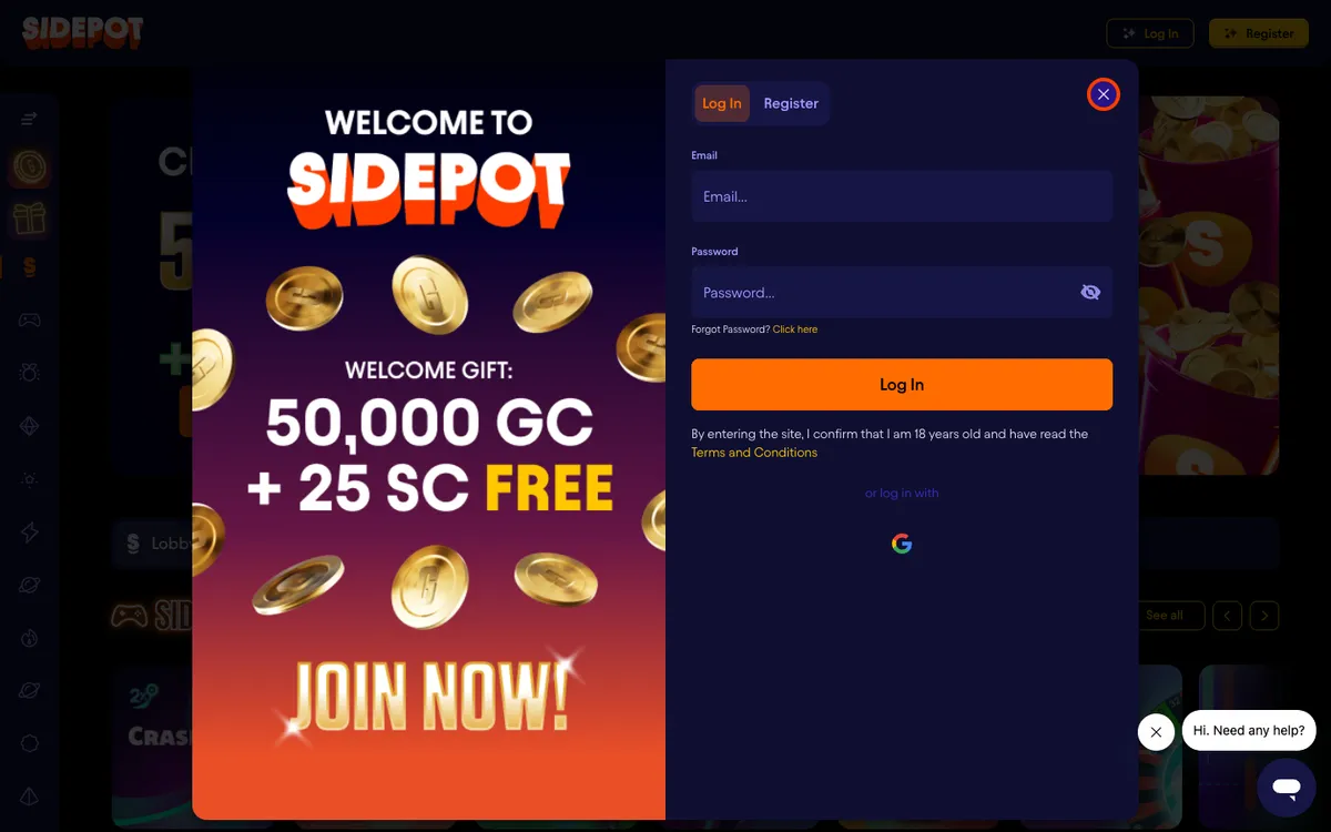 Sidepot Casino — Sign-up, captured from United States