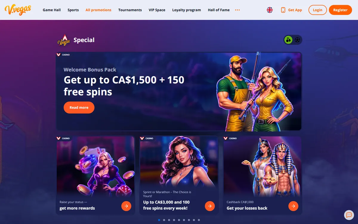 V.Vegas Casino — Promotions, captured from Canada