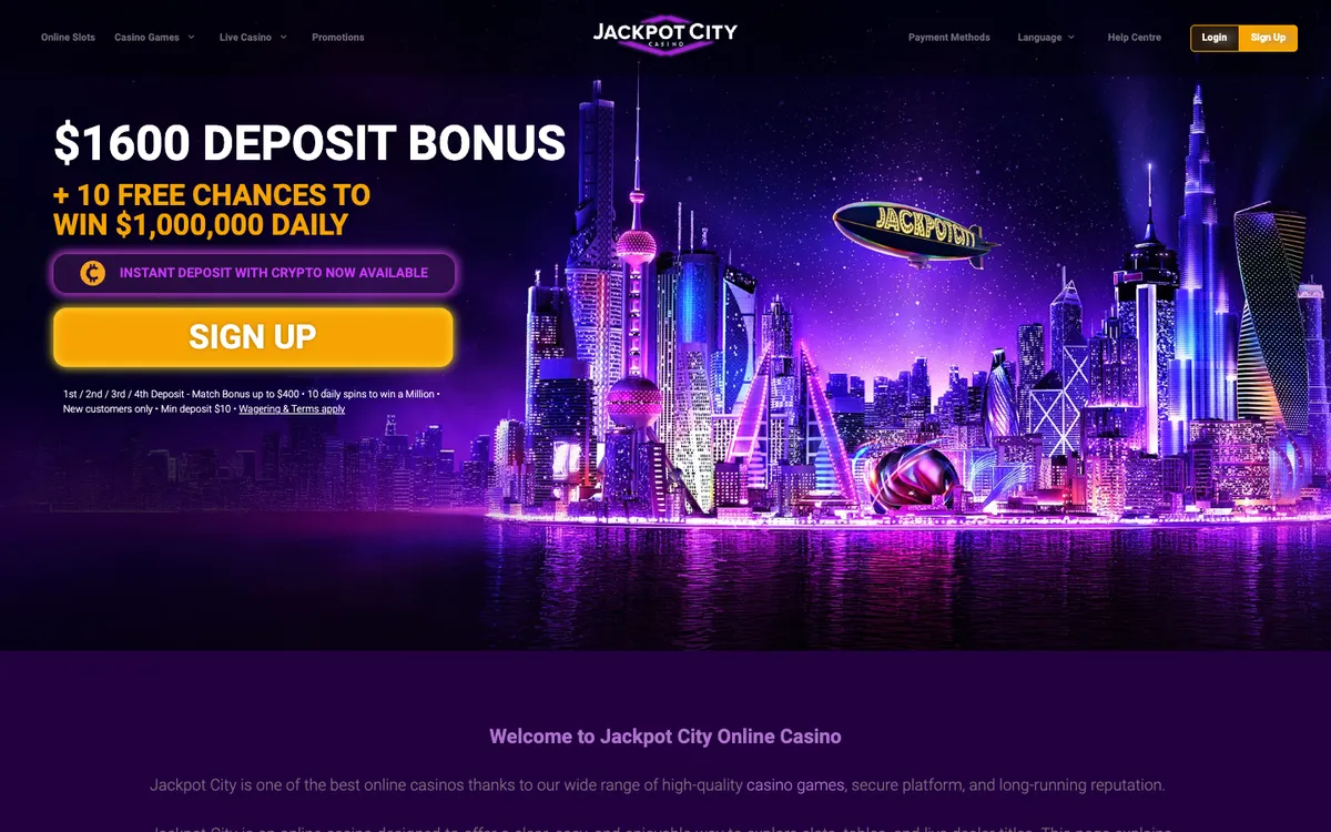 Jackpot City Casino — Home page, captured from Norway
