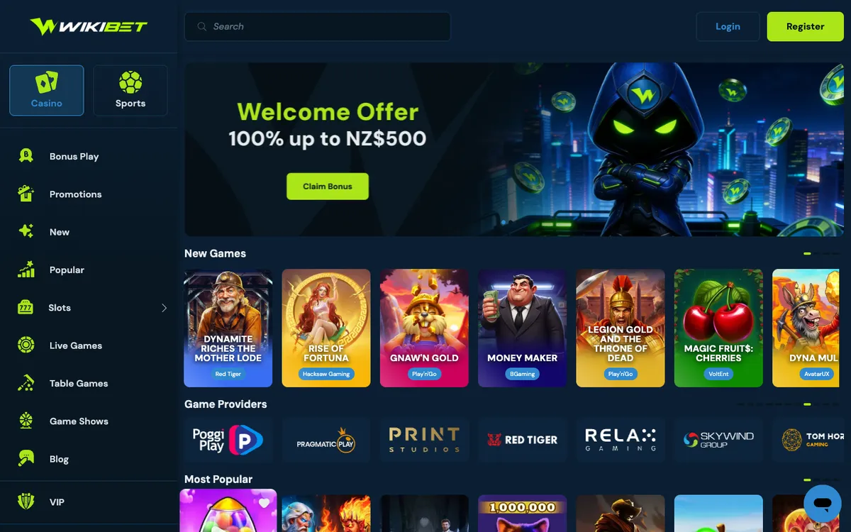 Wikibet Casino — Home page, captured from New Zealand