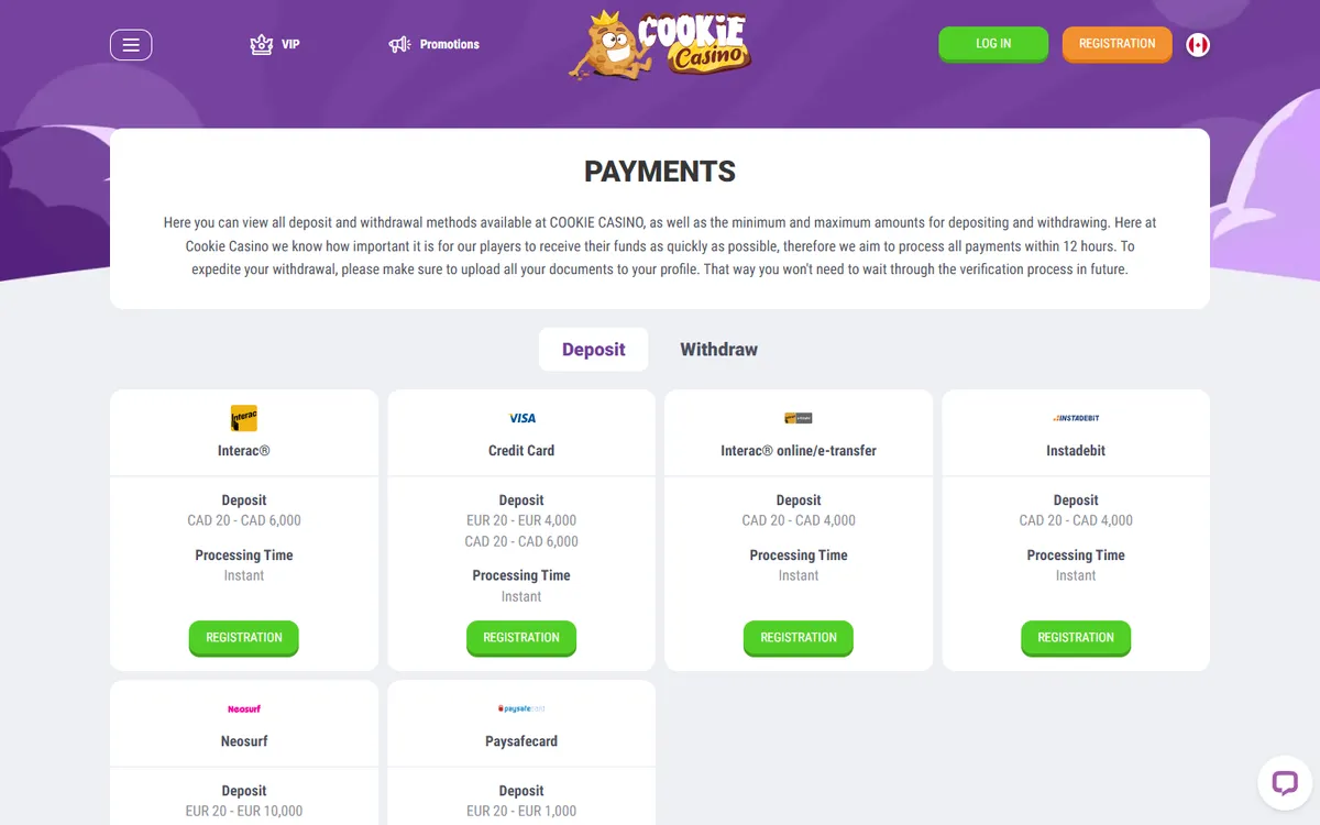 CookieCasino — Payments, captured from Canada