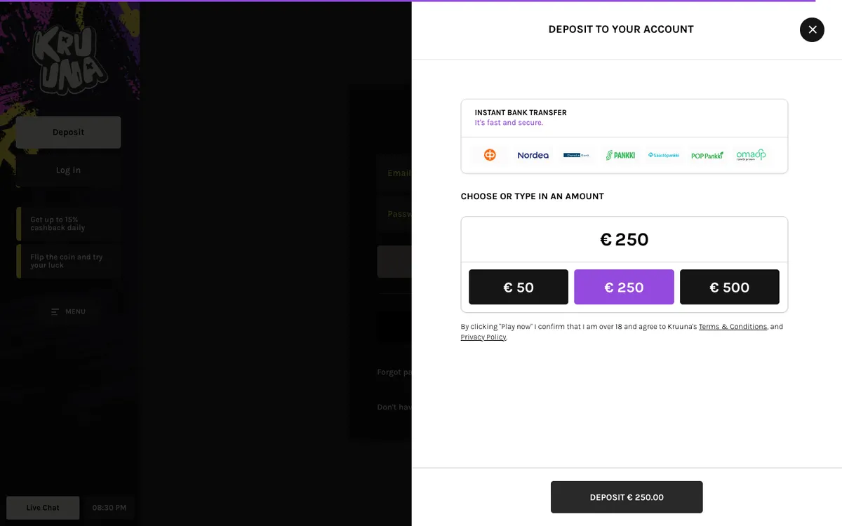 Kruuna Casino — Sign-up, captured from Finland