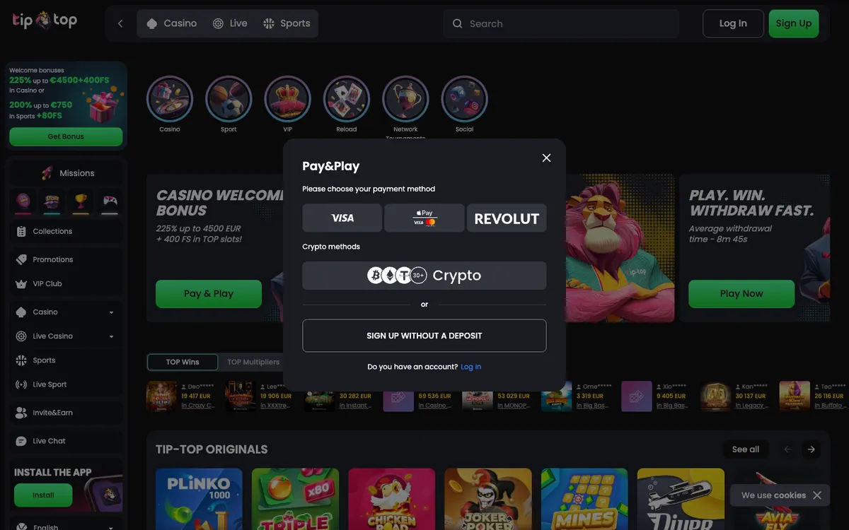 Tip-Top.bet Casino — Home page, captured from Austria