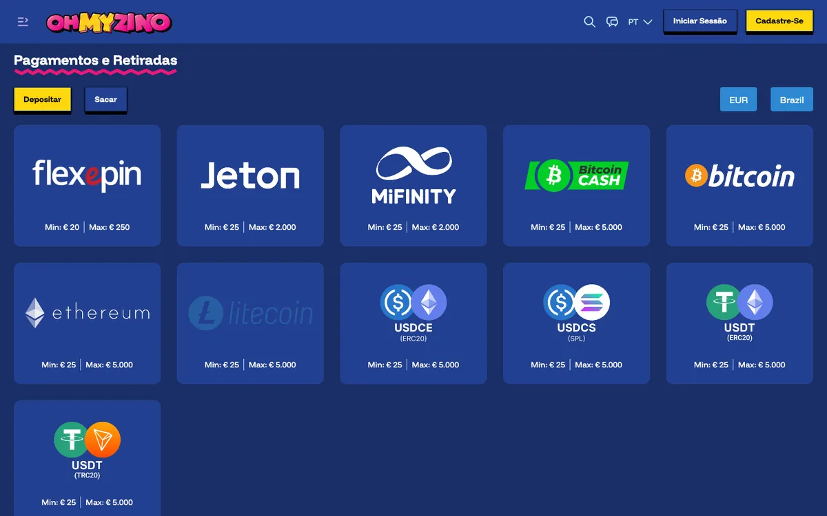 OhMyZino Casino — Payments, captured from Brazil