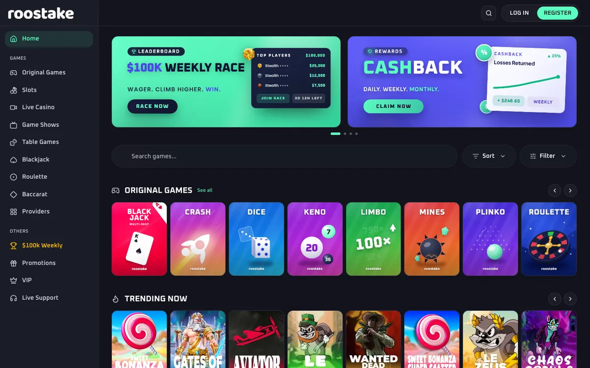 RooStake Casino — Home page, captured from United Arab Emirates