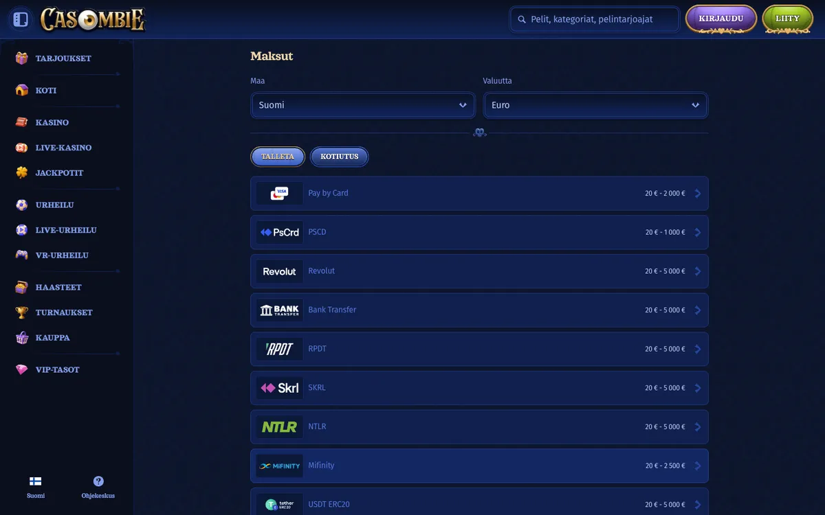 Casombie Casino — «Платежи», снято из страны Финляндия