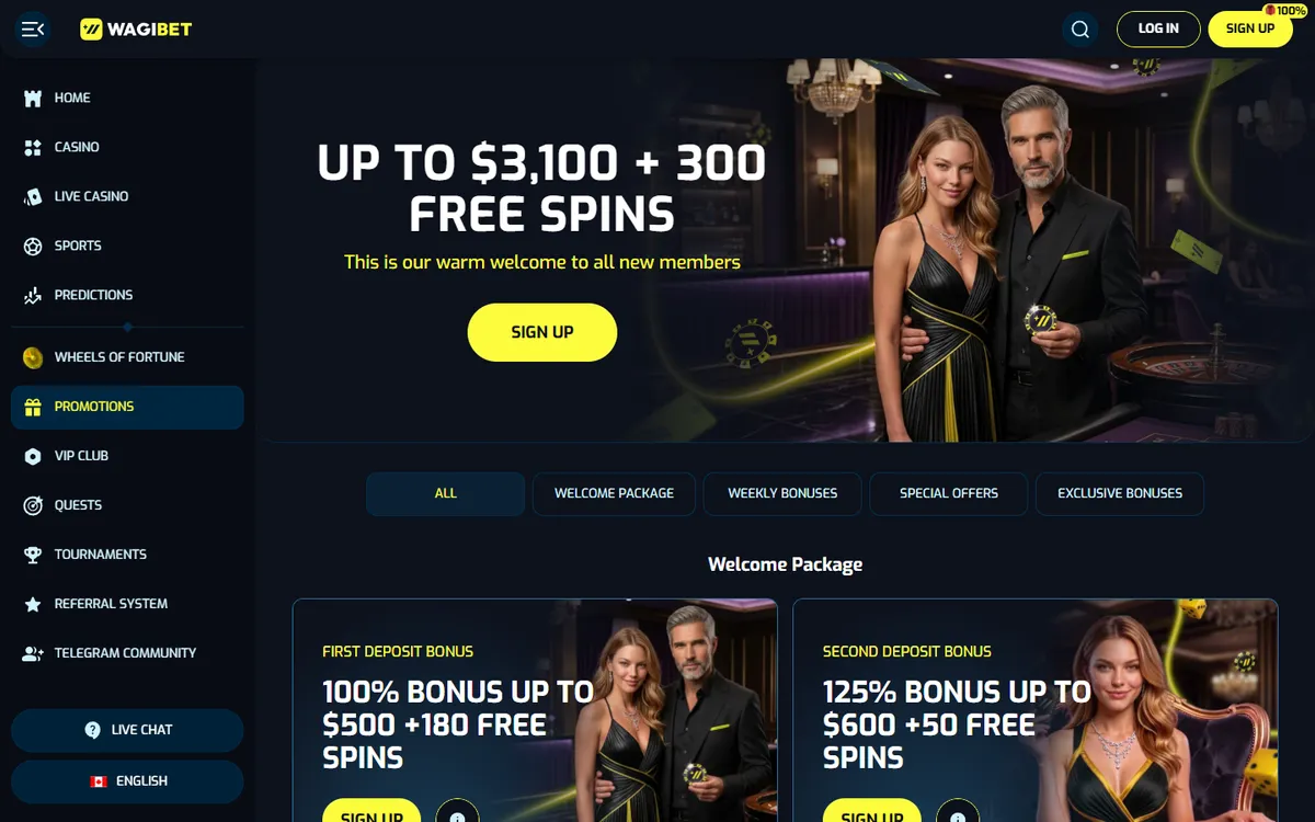 Wagibet Casino — Promotions, captured from Canada