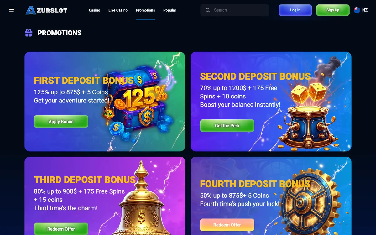 AzurSlot Casino — Promotions, captured from New Zealand