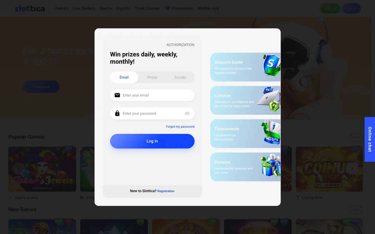 Slottica Casino — Sign-up, captured from Argentina