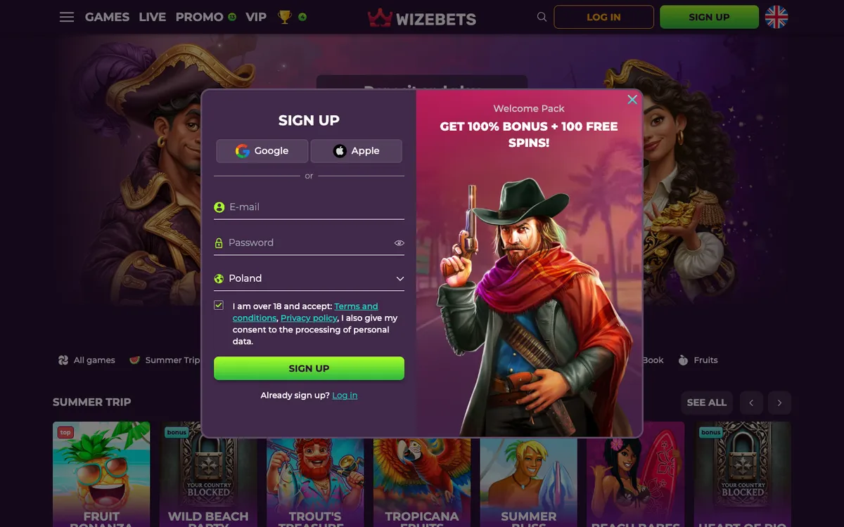 Wizebets Casino — Sign-up, captured from Poland