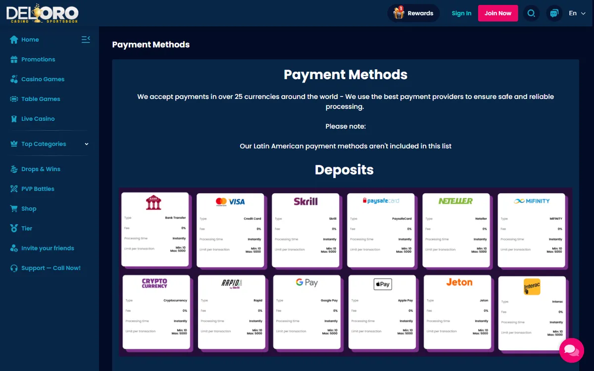 Del Oro Casino — Payments, captured from Canada