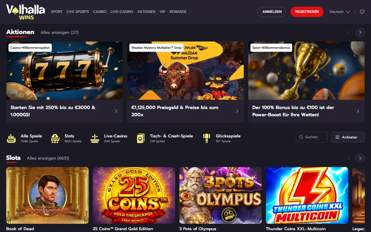 Valhalla Wins Casino — Home page, captured from Austria