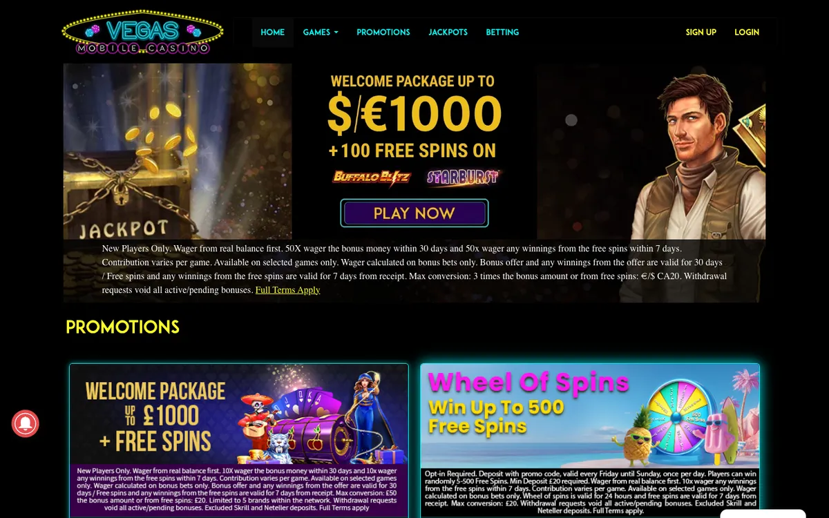 Vegas Mobile Casino — Promotions, captured from Belgium