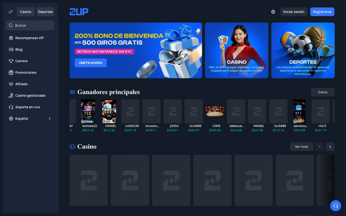 2UP Casino — Home page, captured from Colombia