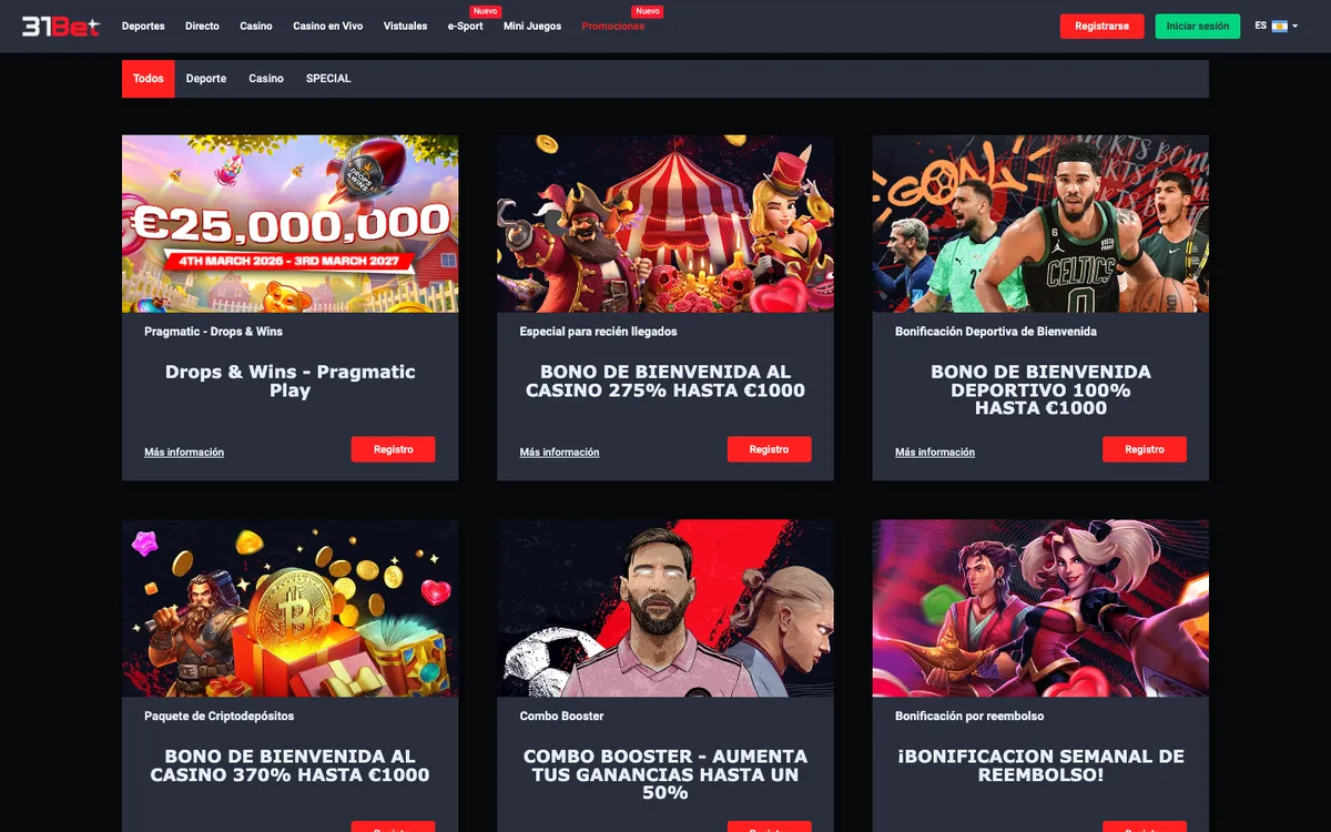 31Bet.com Casino — Promotions, captured from Argentina
