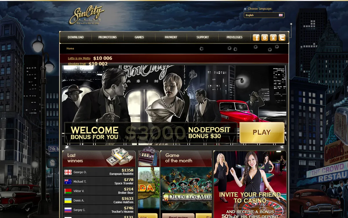 SinCity Casino — Home page, captured from Canada