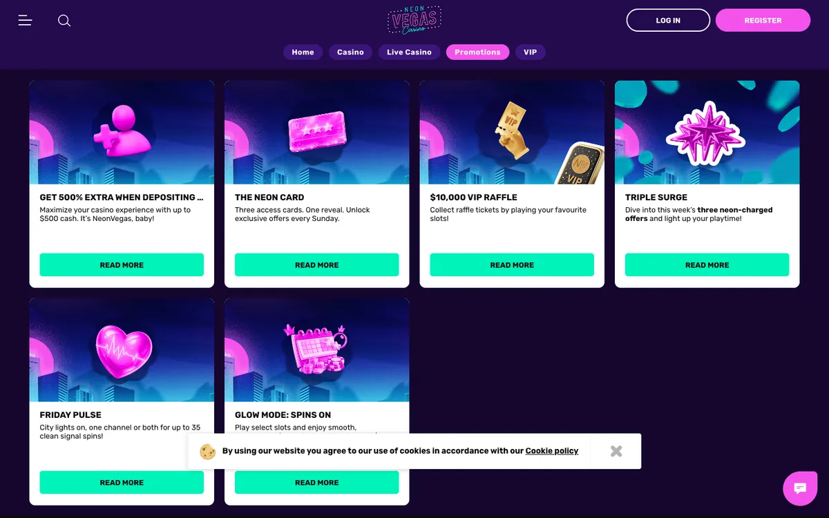 NeonVegas Casino — Promotions, captured from New Zealand