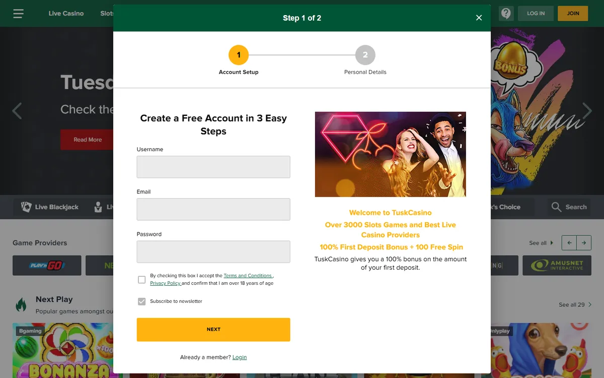 Tusk Casino — Sign-up, captured from Canada