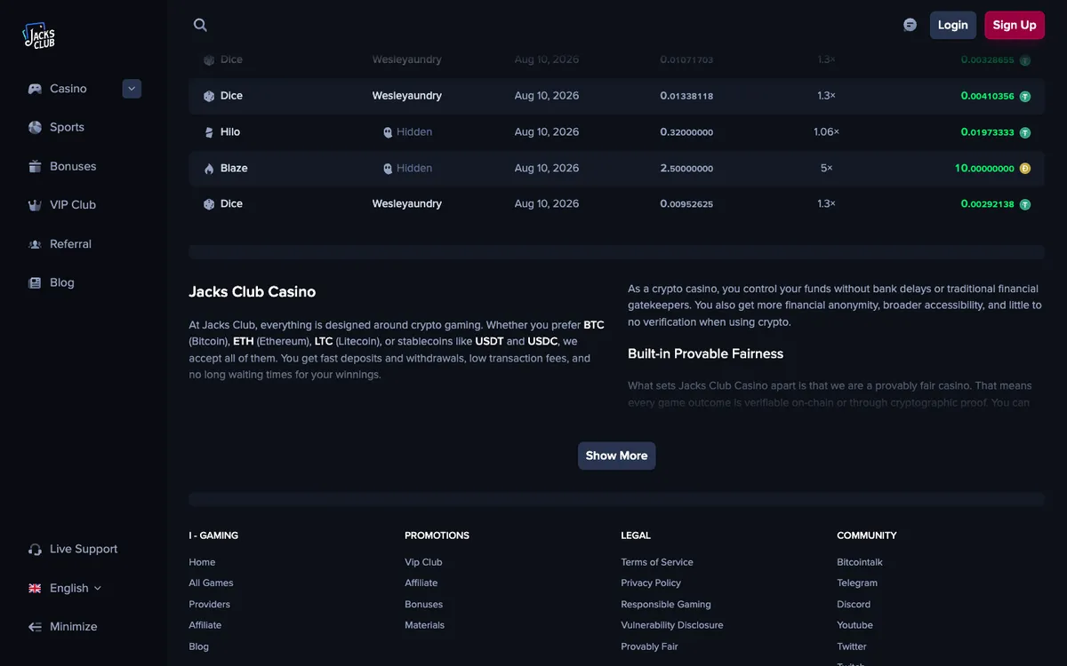 Jacks Club Casino — Home page, captured from Austria