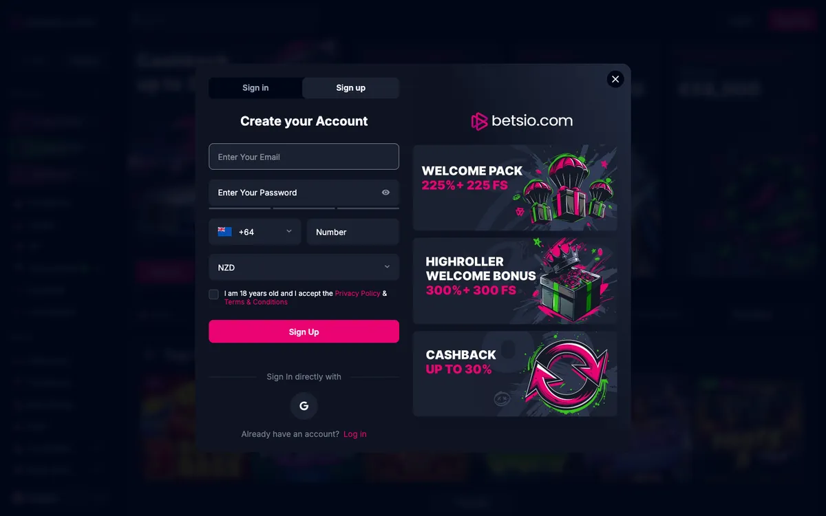 Betsio Casino — «Главная», снято из страны Новая Зеландия