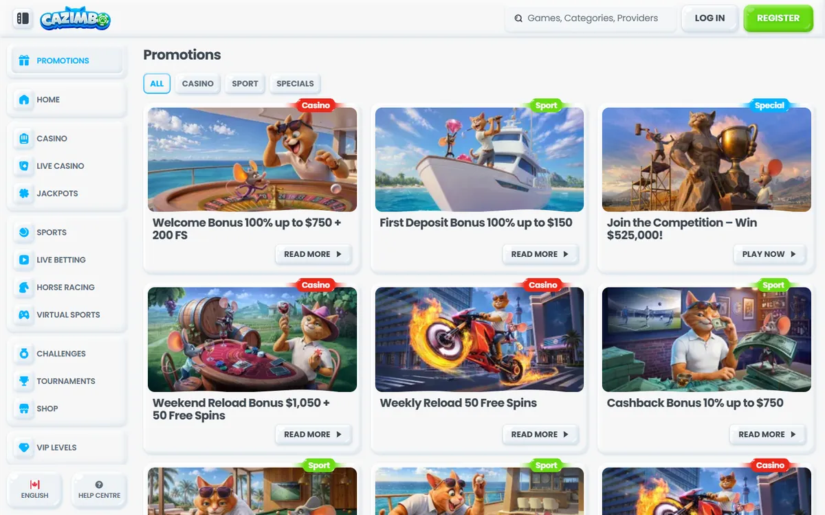 Cazimbo Casino — Promotions, captured from Canada