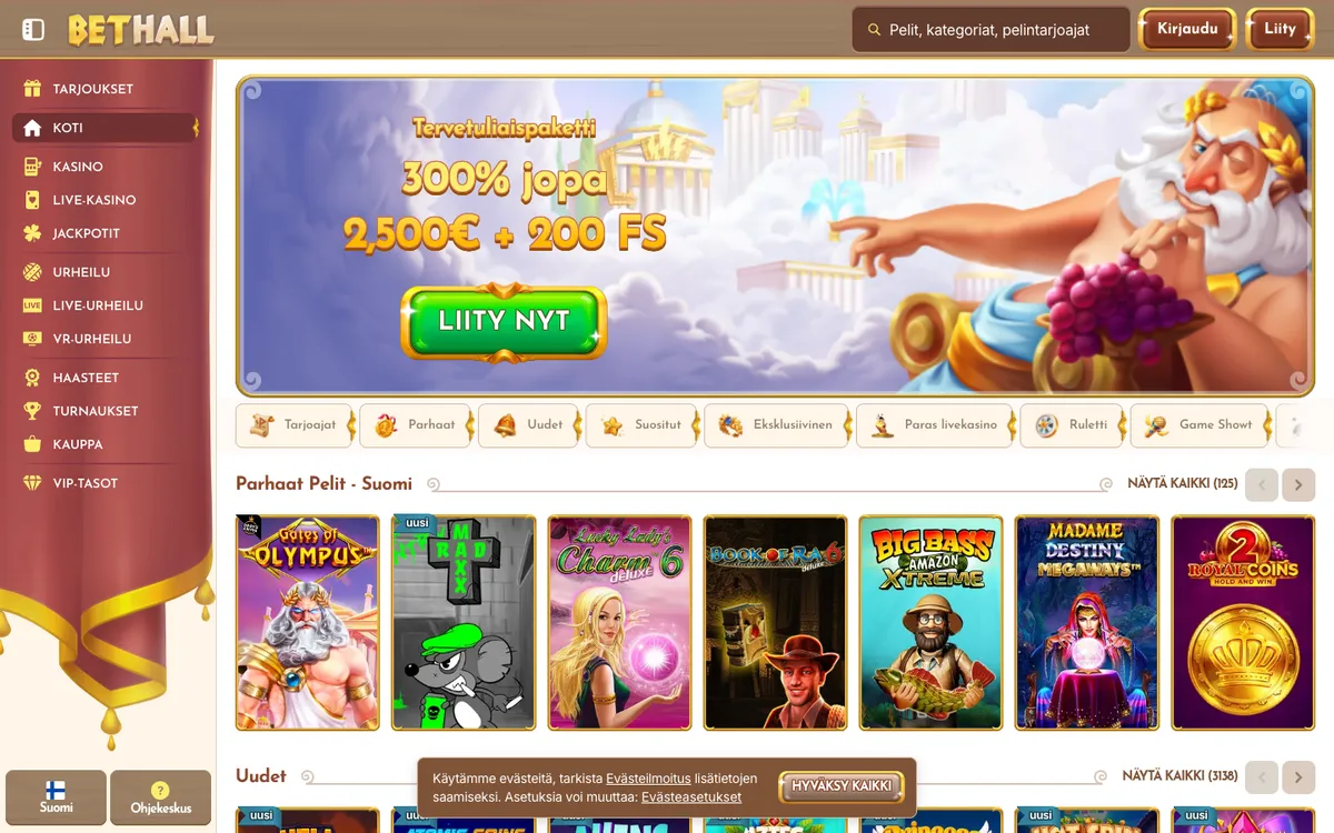 BetHall Casino — Home page, captured from Finland