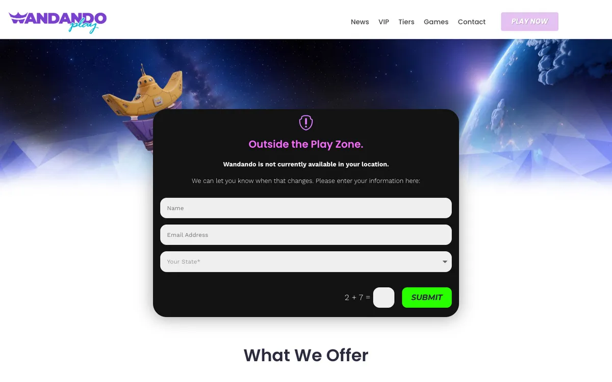 Wandando Casino — Home page, captured from United States