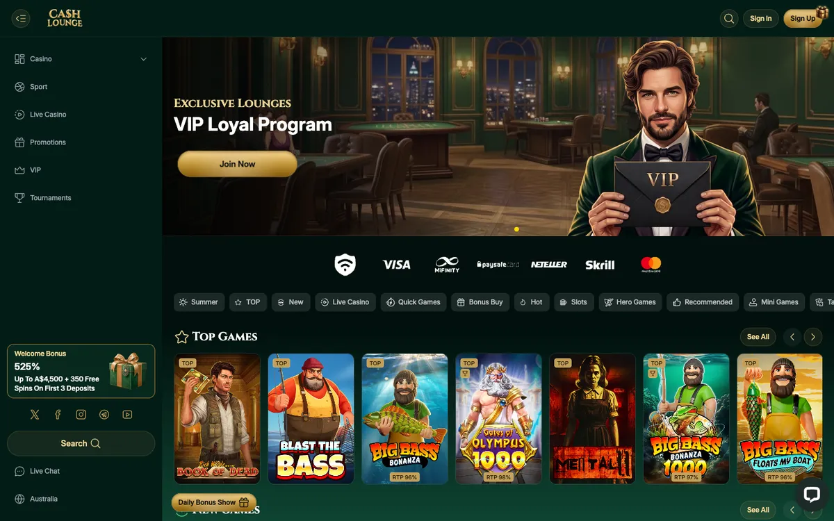 Cash Lounge Casino — Home page, captured from Australia
