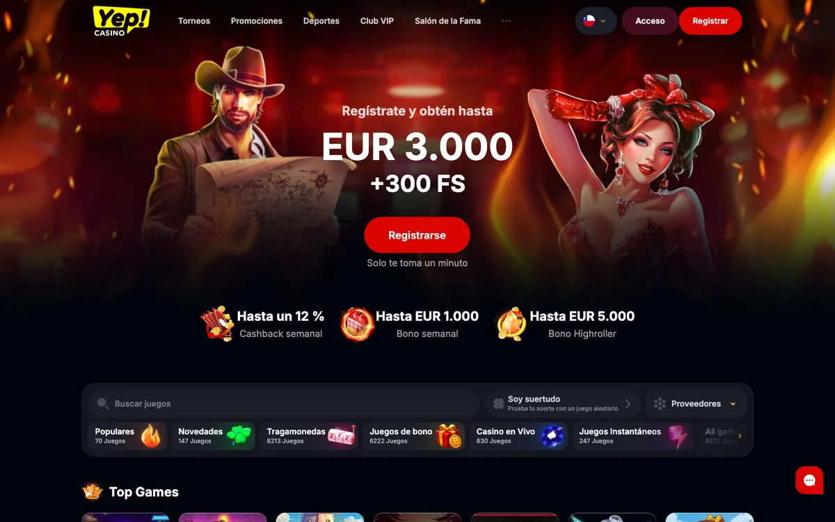 Yep Casino — Home page, captured from Chile
