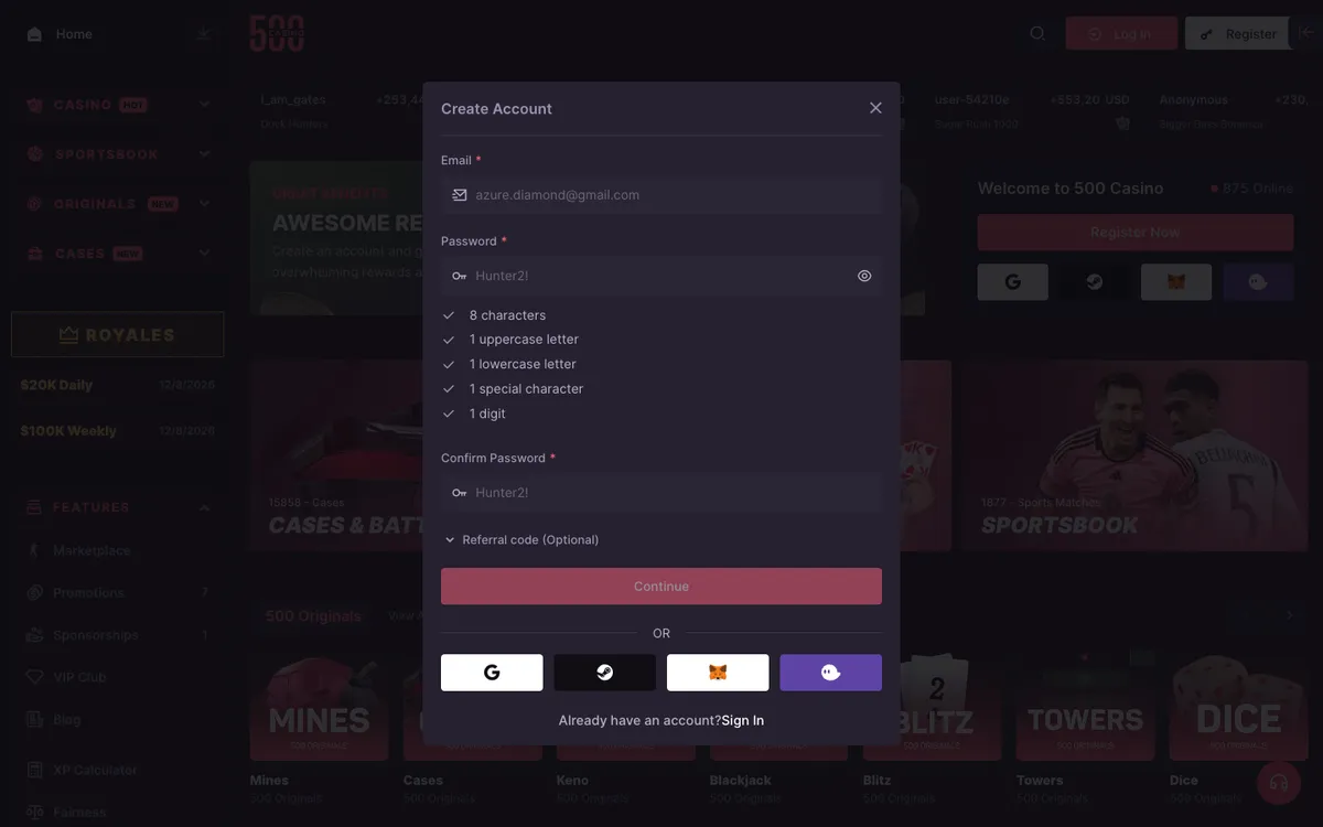500 Casino — Sign-up, captured from Czechia