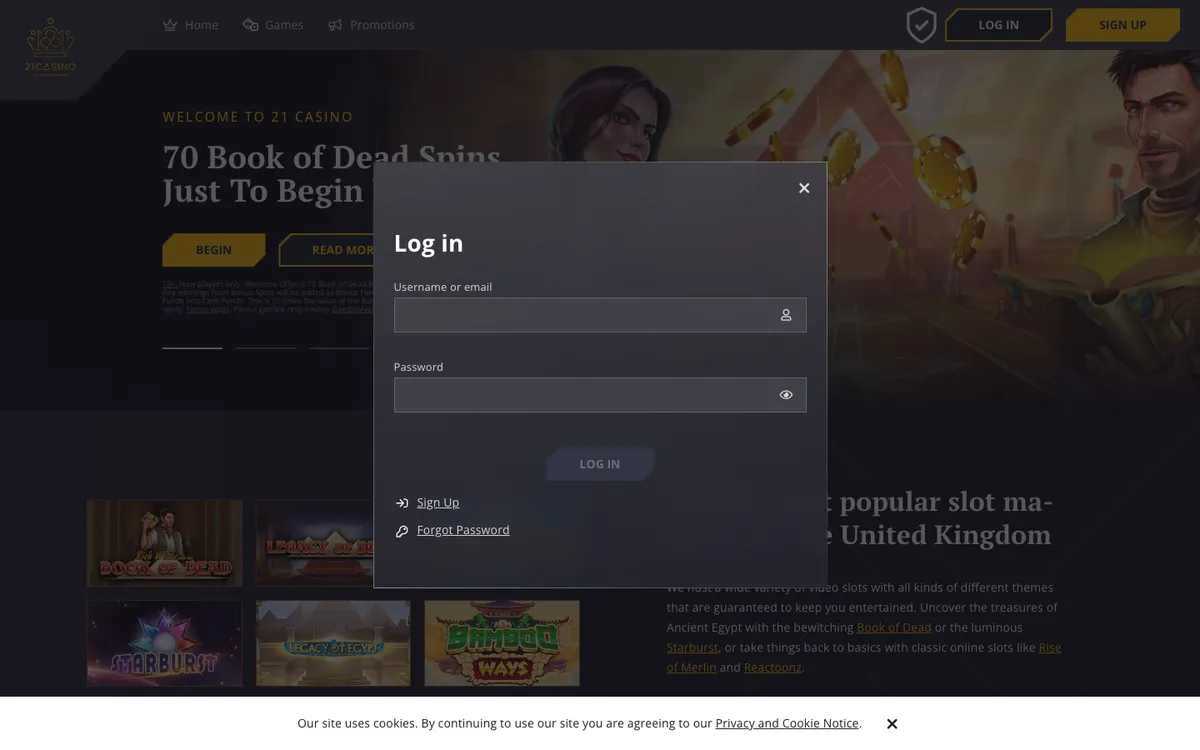 21 Casino — «Регистрация», снято из страны Великобритания
