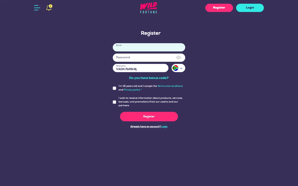 Wildfortune.io Casino – «Регистрация», снято из страны Южно-Африканская Республика
