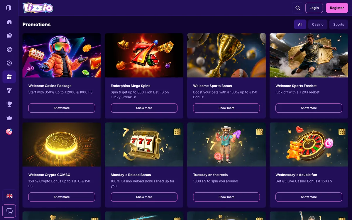 Rizzio Casino — Promotions, captured from Belgium