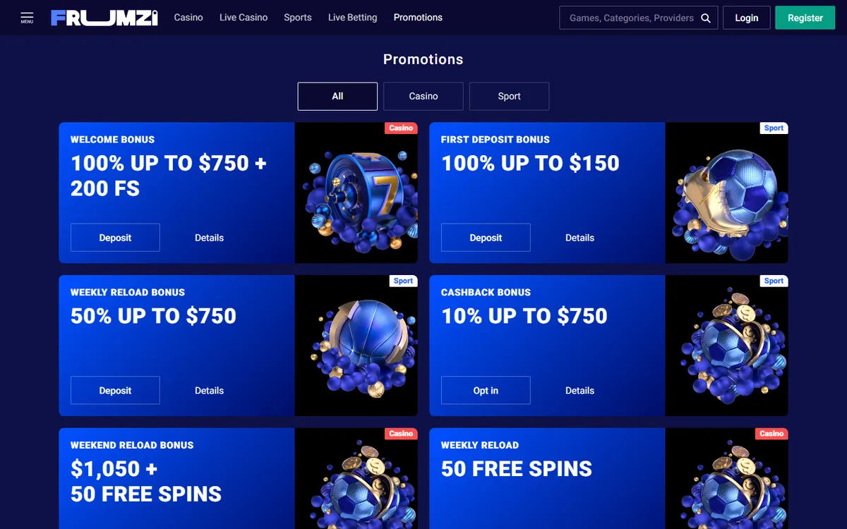 Frumzi Casino — «Акции», снято из страны Канада