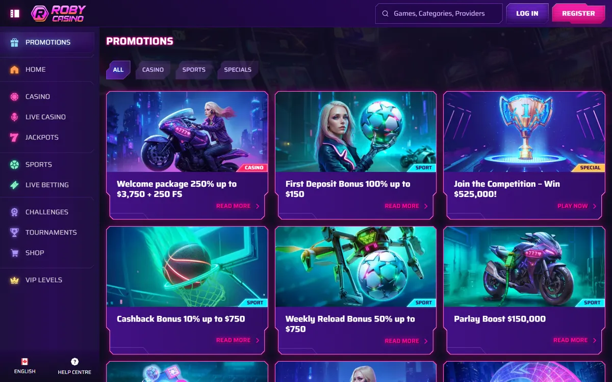 Roby Casino — «Акции», снято из страны Канада