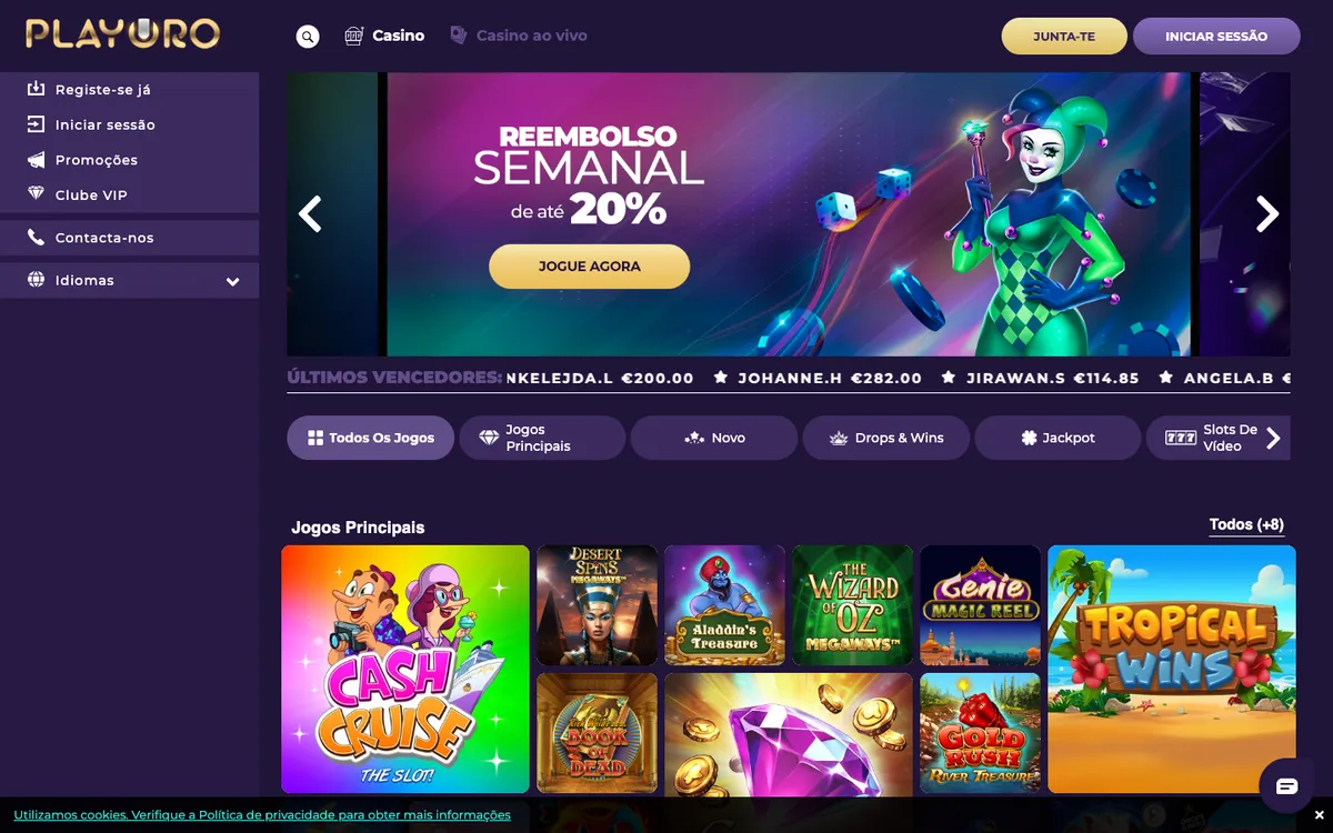 Playoro Casino — Home page, captured from Portugal