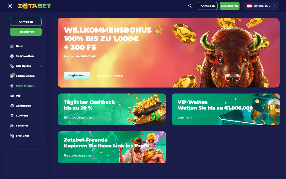 Zotabet Casino — «Акции», снято из страны Австрия