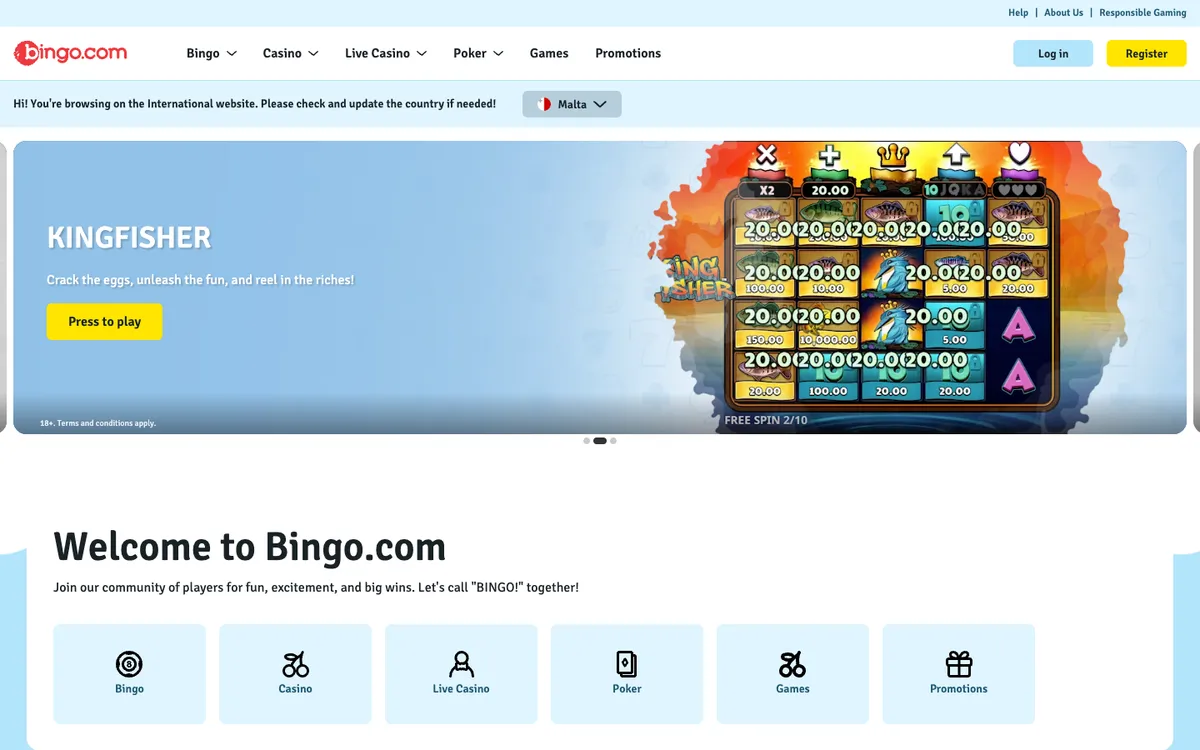 Bingo.com Casino — Home page, captured from United Kingdom