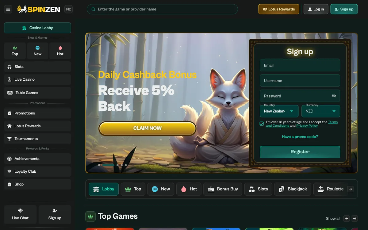 Spinzen Casino — Home page, captured from New Zealand