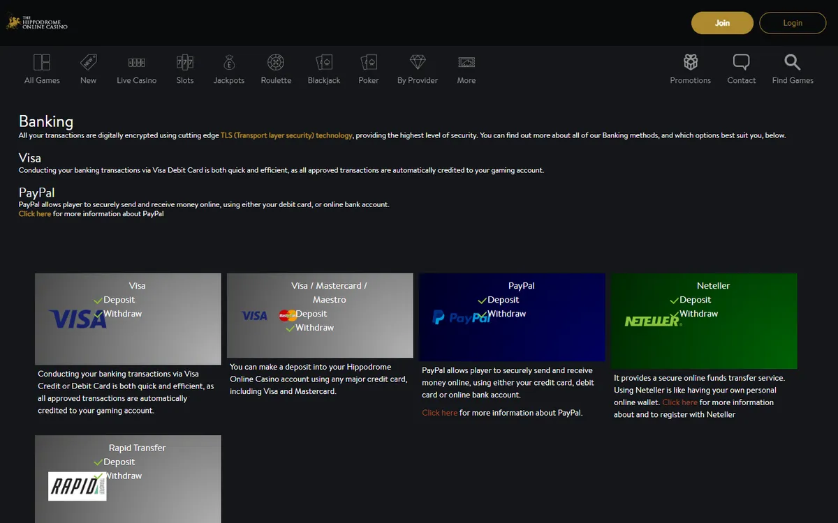 Hippodrome Online Casino — Payments, captured from Canada