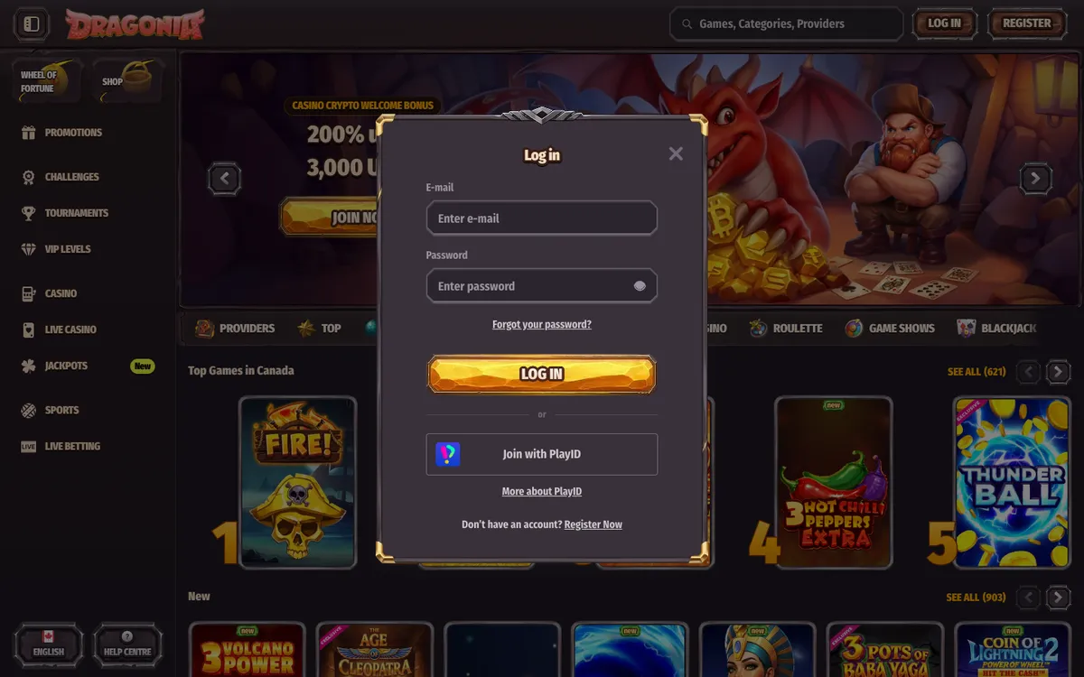 Dragonia Casino — Sign-up, captured from Canada