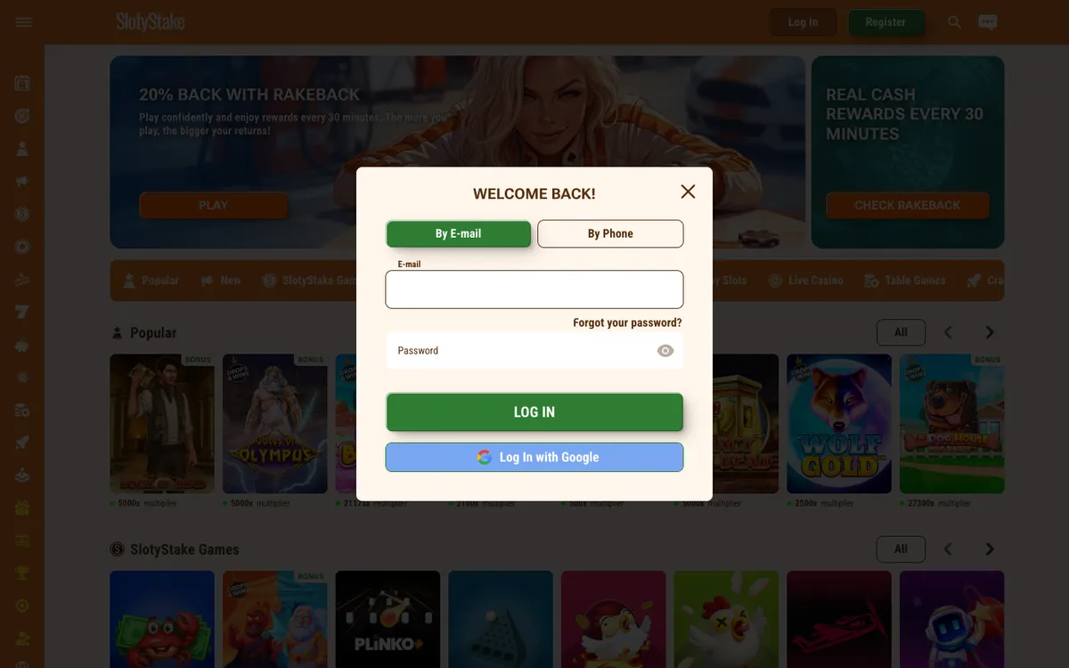 SlotyStake Casino — «Регистрация», снято из страны Канада
