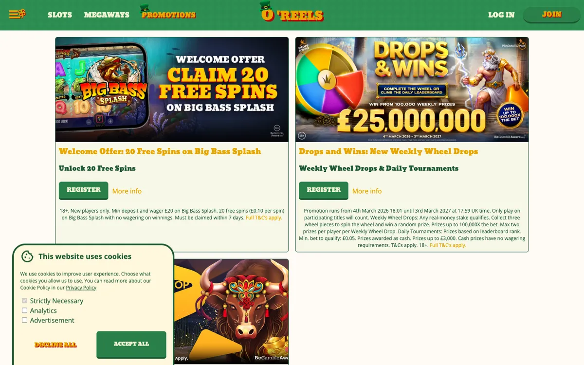 O'Reels Casino UK — Promotions, captured from United Kingdom