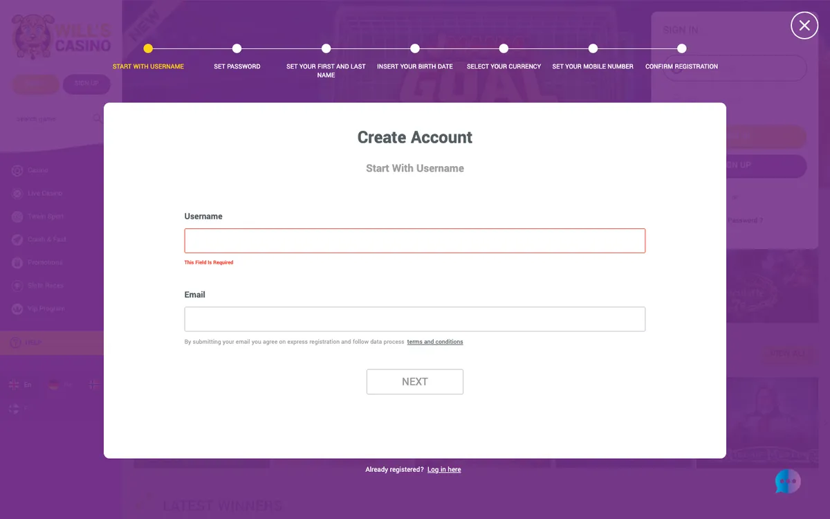 Will's Casino — Sign-up, captured from Austria