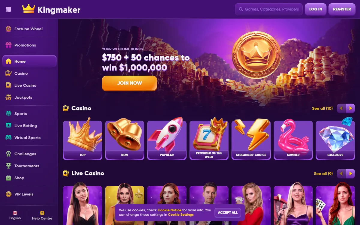Kingmaker Casino — Home page, captured from Canada