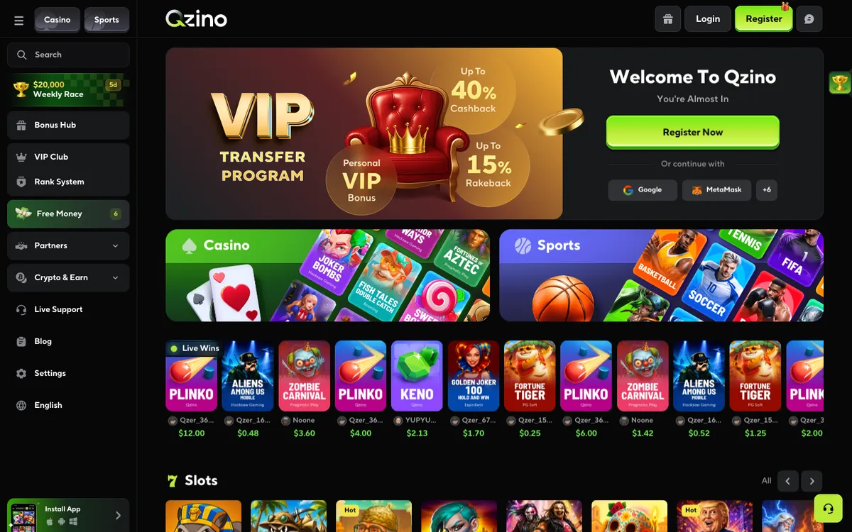 Qzino Casino — Home page, captured from Germany