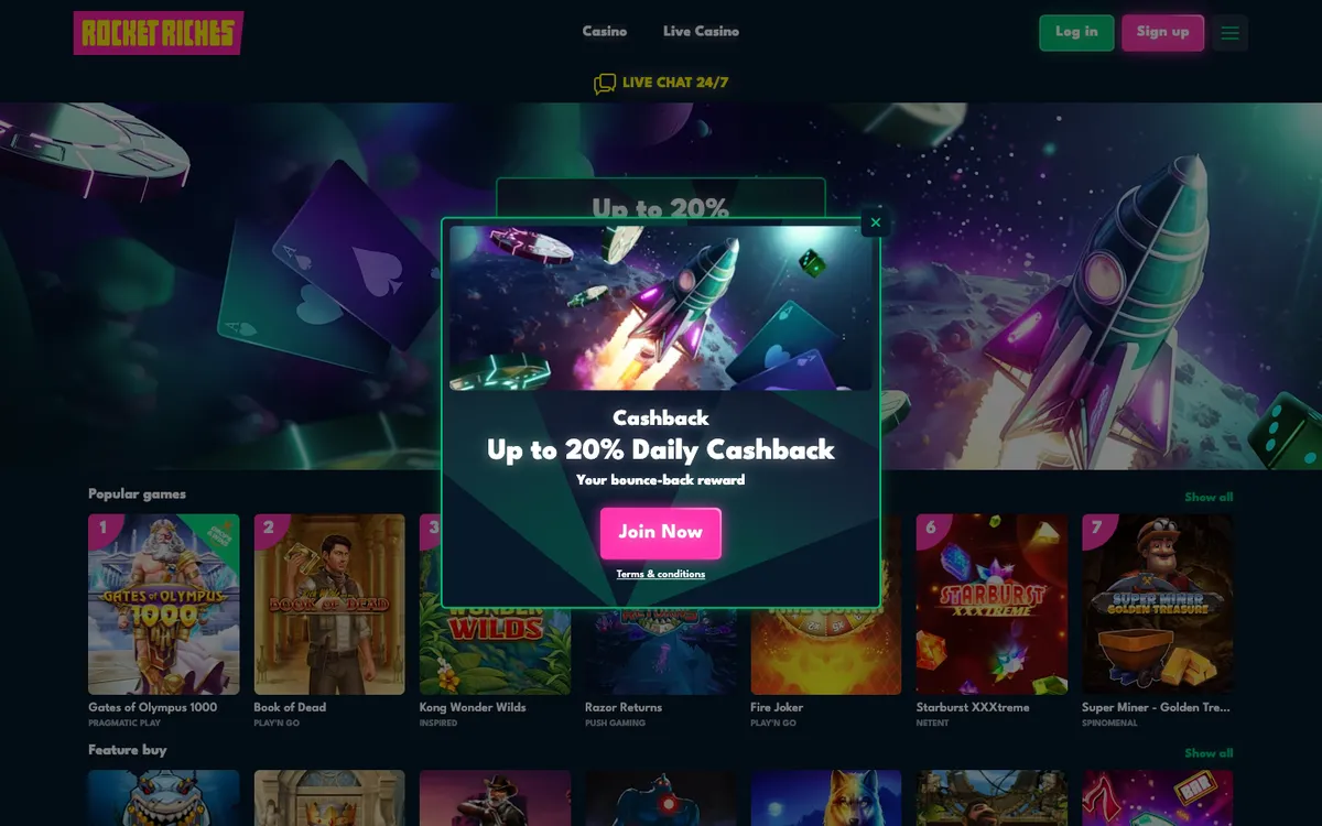 Rocket Riches Casino — Home page, captured from Austria