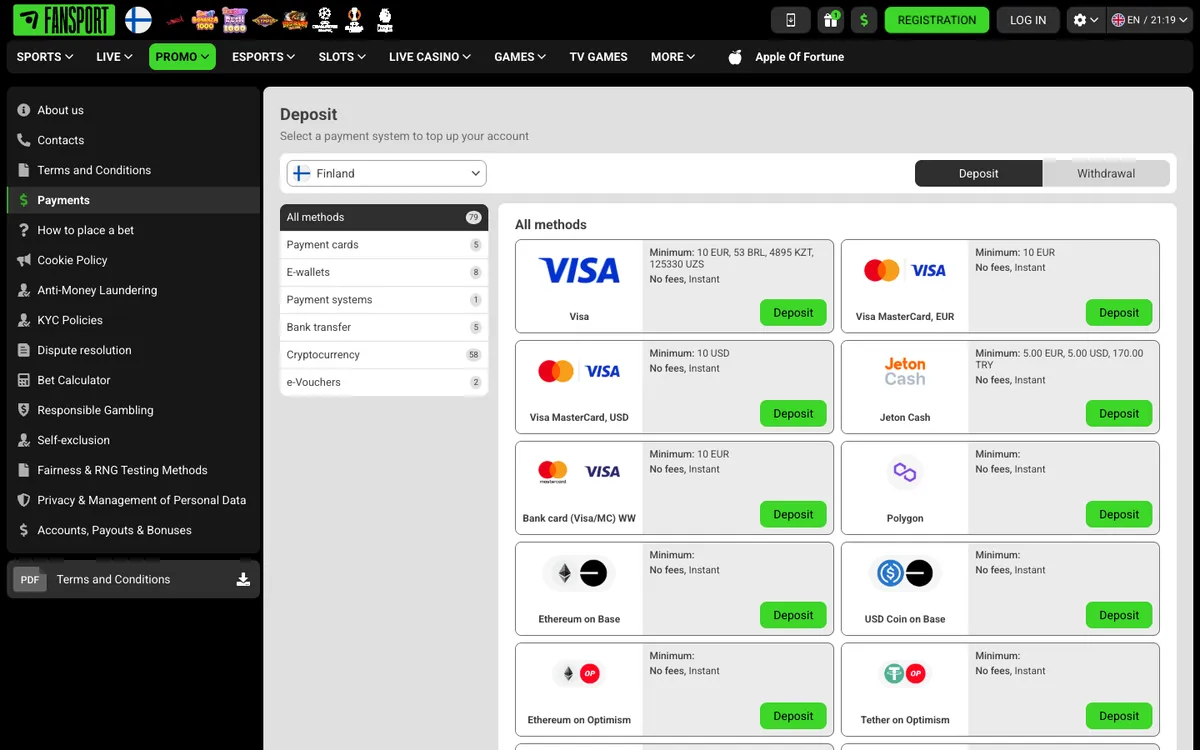 Fansport Casino — Payments, captured from Finland